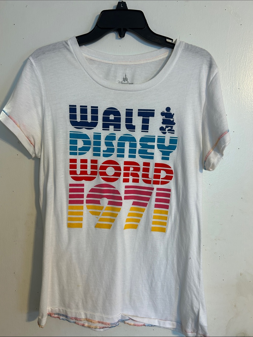 Disney Parks White Crewneck Tee with Subtle Multicolor Stitching